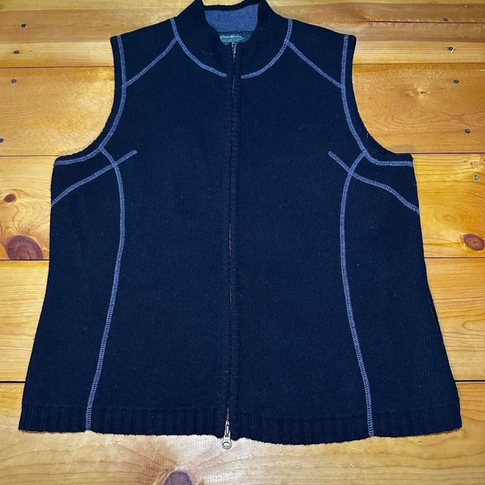Eddie Bauer Cotton Wool Blend Vest XL Navy Blue Full Zip Mock Neck Ribbed H38